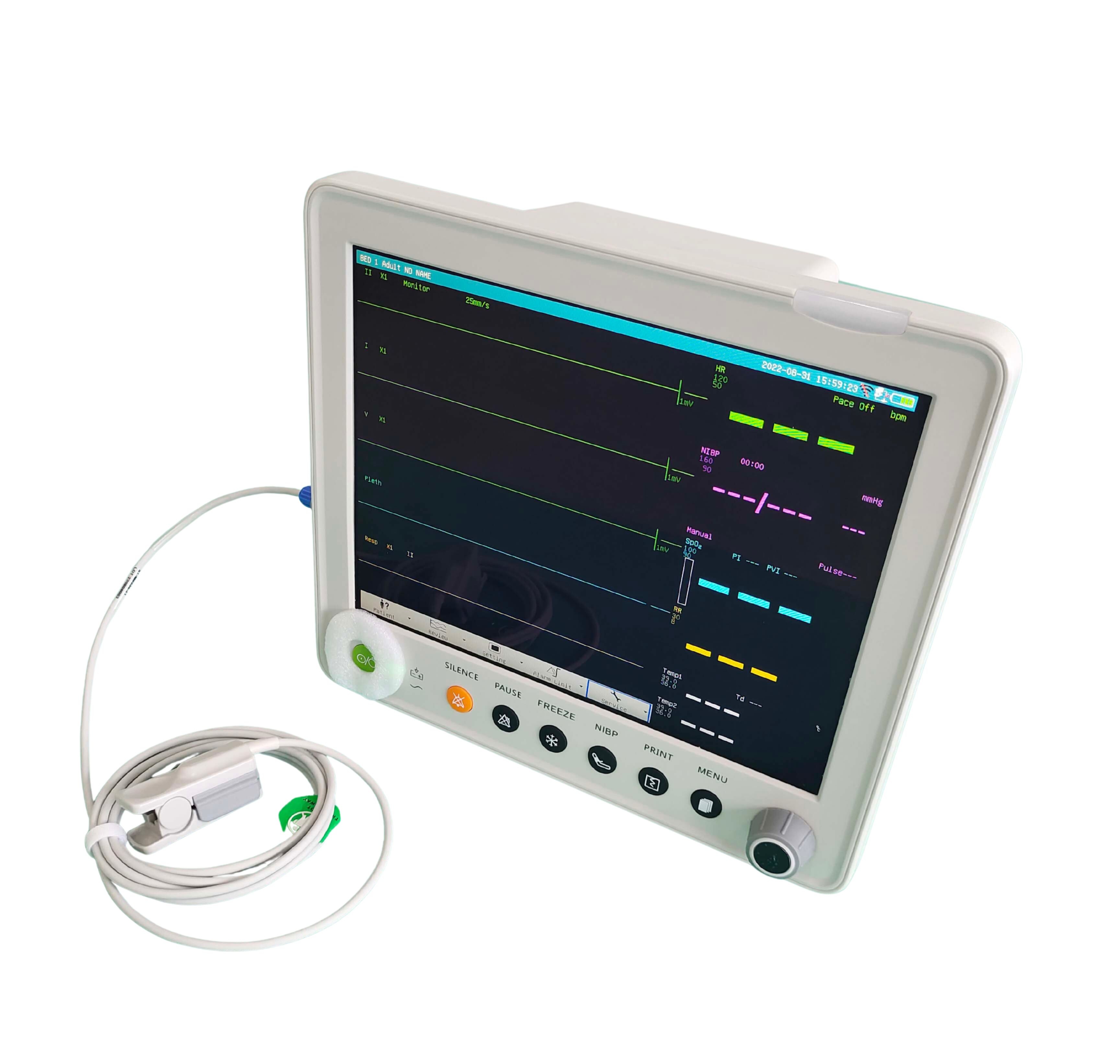 Monitor veterinario PetyControl VM-12 con sensor de SpO2 conectado, listo para monitorización