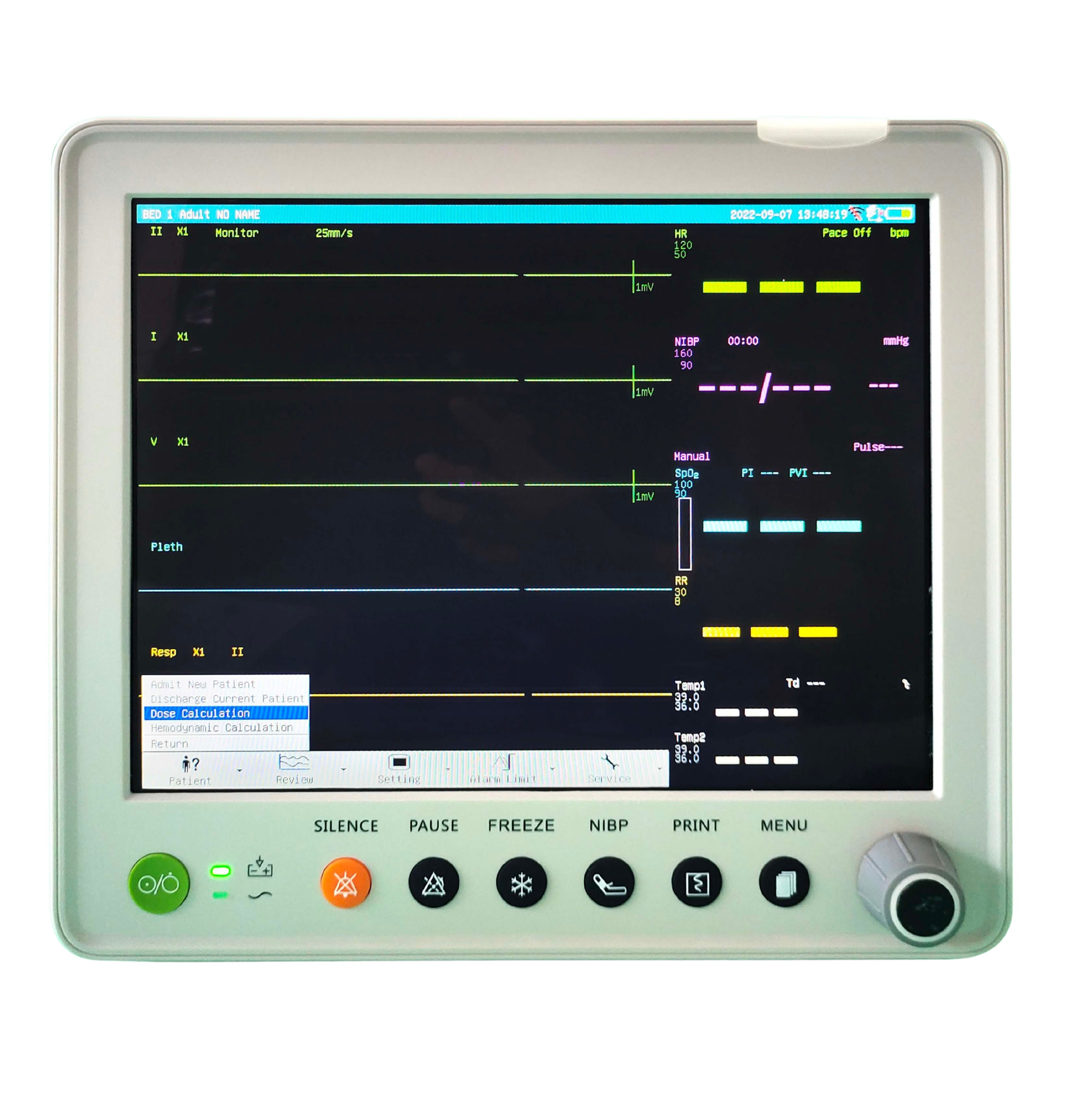Monitor veterinario VM-12 vista frontal con parámetros en pantalla