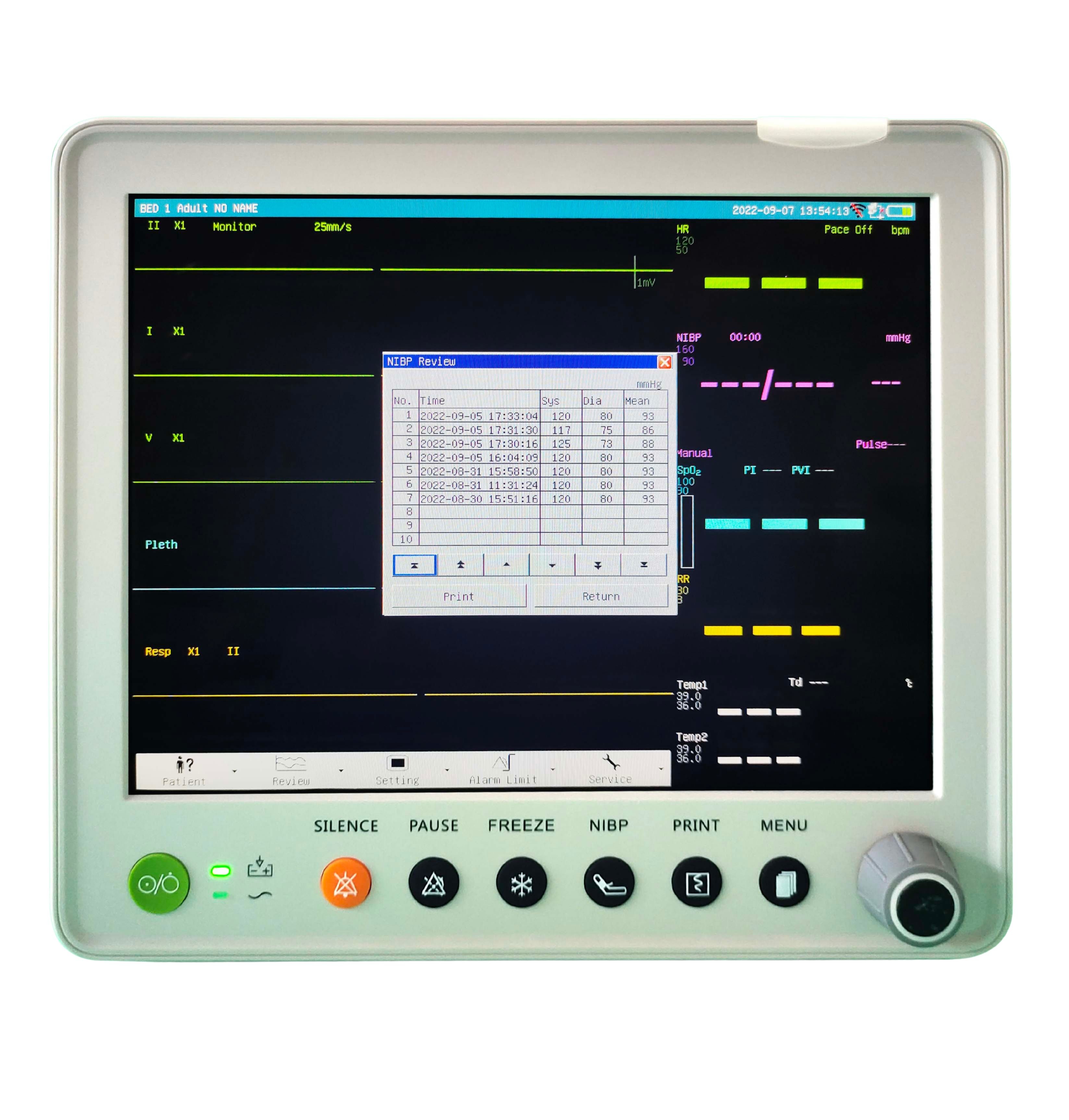 Pantalla del monitor veterinario VM-12 con cálculo hemodinámico